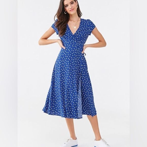 NEW Forever 21 Blue & White Polka Dot Wrap Dress NWT - Picture 2 of 5